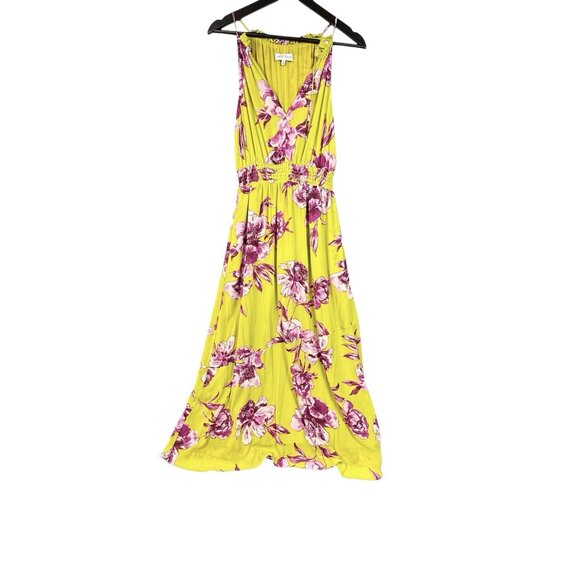 Great Jones Womens Blouson Dress Yellow Floral Lined Halter Pockets Smocked XS